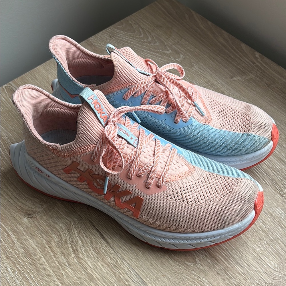 Hoka Pink and Blue Carbon X3